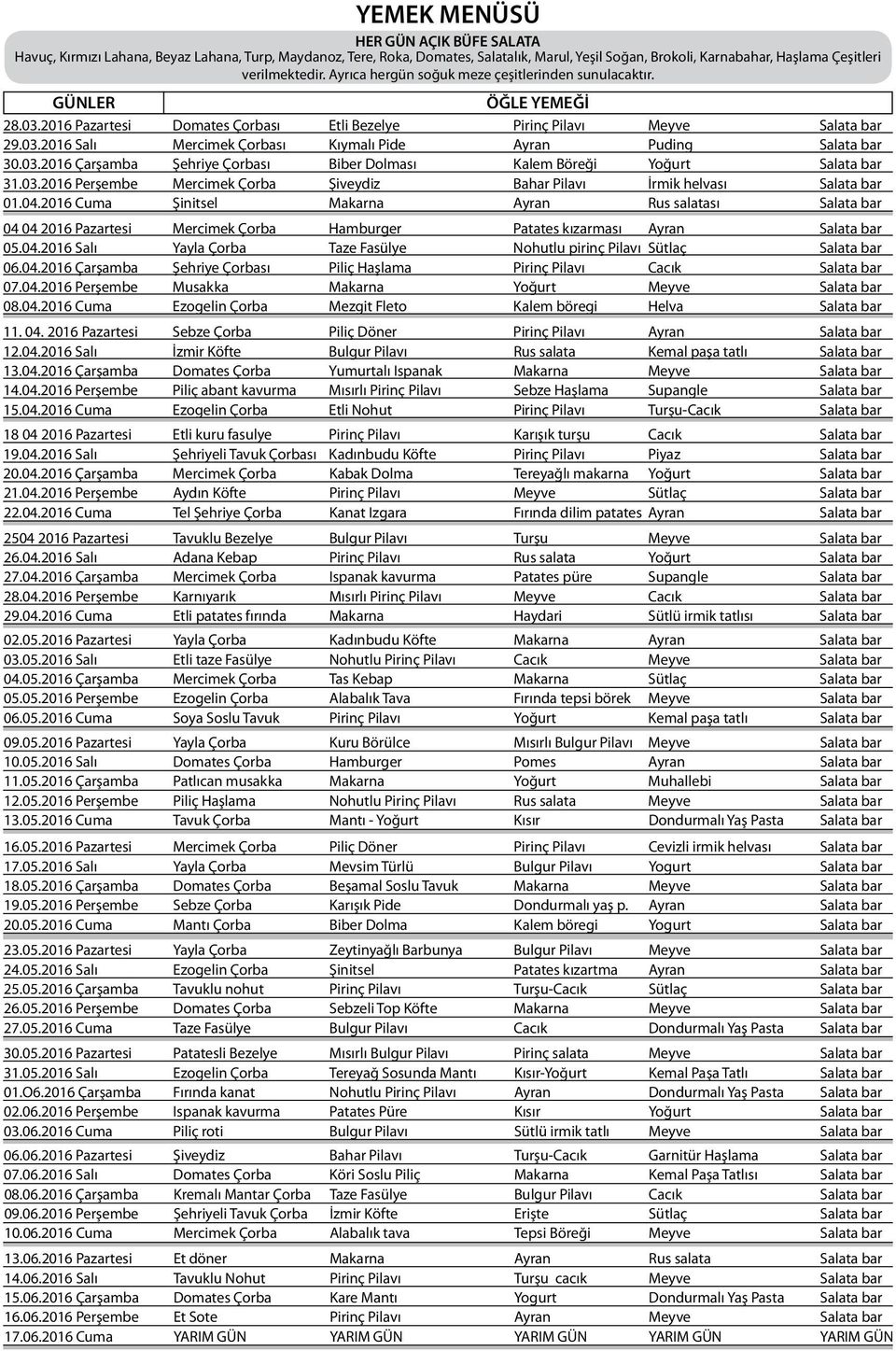 03.2016 Çarşamba Şehriye Çorbası Biber Dolması Kalem Böreği Yoğurt Salata bar 31.03.2016 Perşembe Mercimek Çorba Şiveydiz Bahar Pilavı İrmik helvası Salata bar 01.04.