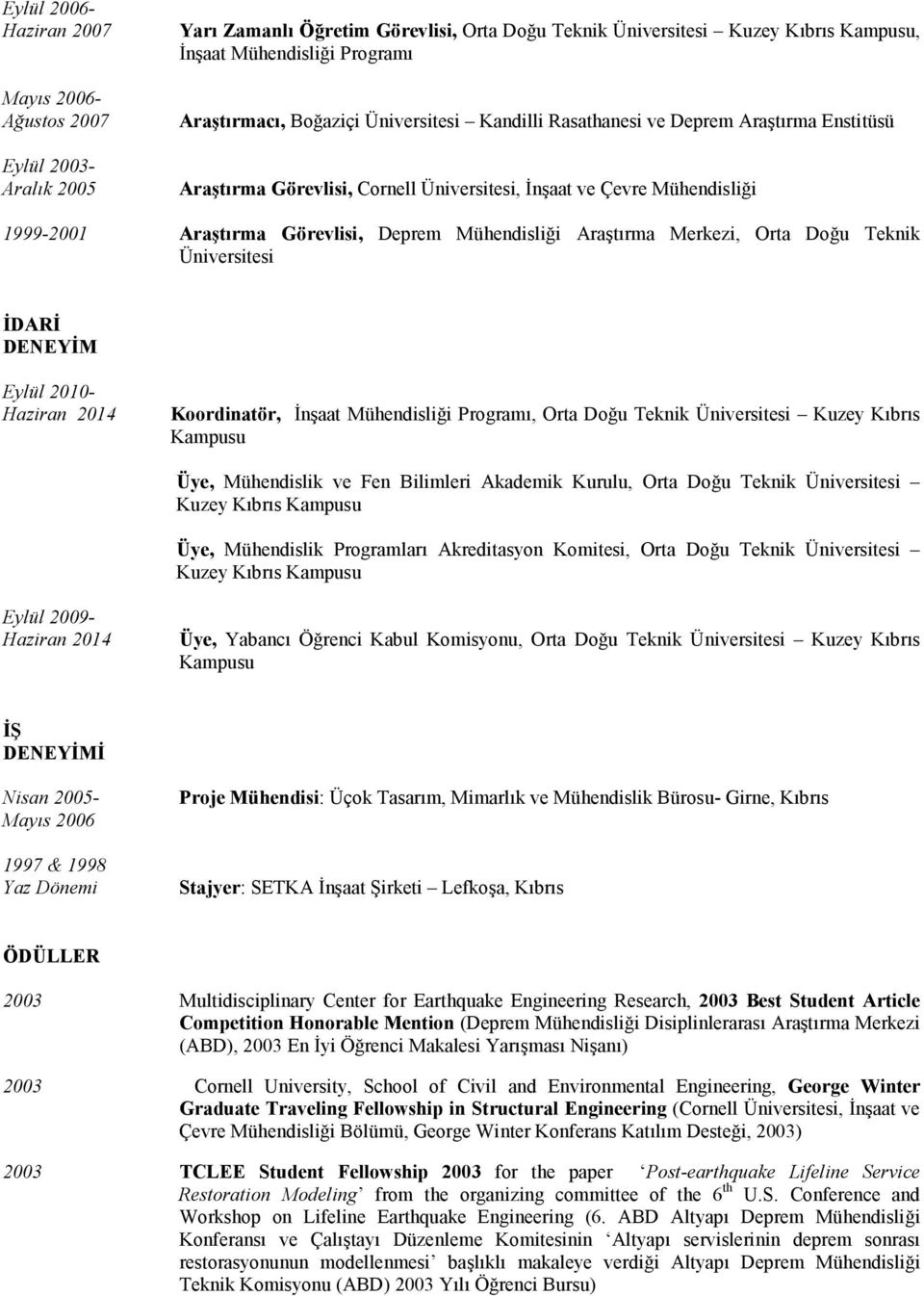 Araştırma Merkezi, Orta Doğu Teknik Üniversitesi ĐDARĐ DENEYĐM Eylül 2010- Haziran 2014 Koordinatör, Đnşaat Mühendisliği Programı, Orta Doğu Teknik Üniversitesi Kuzey Kıbrıs Kampusu Üye, Mühendislik