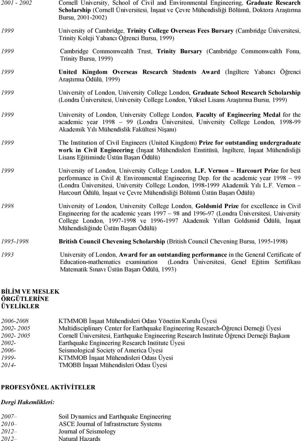 (Cambridge Commonwealth Fonu, Trinity Bursu, 1999) 1999 United Kingdom Overseas Research Students Award (Đngiltere Yabancı Öğrenci Araştırma Ödülü, 1999) 1999 University of London, University College