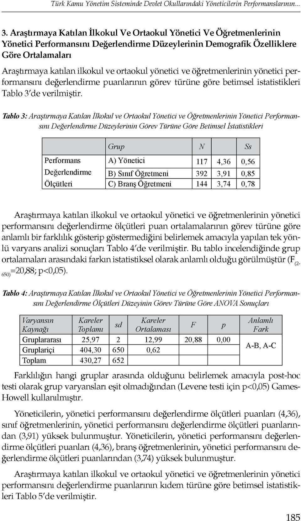 yönetici ve öğretmenlerinin yönetici performansını değerlendirme puanlarının görev türüne göre betimsel istatistikleri Tablo 3 de verilmiştir.