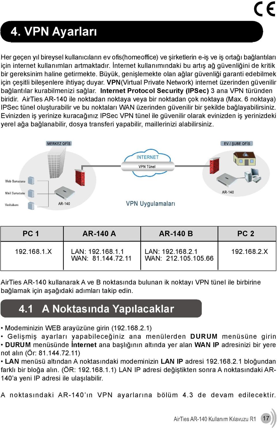 VPN(Virtual Private Network) internet üzerinden güvenilir bağlantılar kurabilmenizi sağlar. Internet Protocol Security (IPSec) 3 ana VPN türünden biridir.