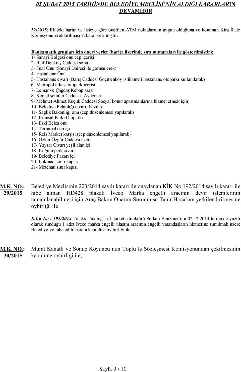 4- Hastahane Önü 5- Hastahane civarı (Barış Caddesi Göçmenköy istikameti hastahane otoparkı kullanılarak) 6- Metropol arkası otopark içerisi 7- Lemar ve Çağdaş Kebap arası 8- Kemal şemiler Caddesi-