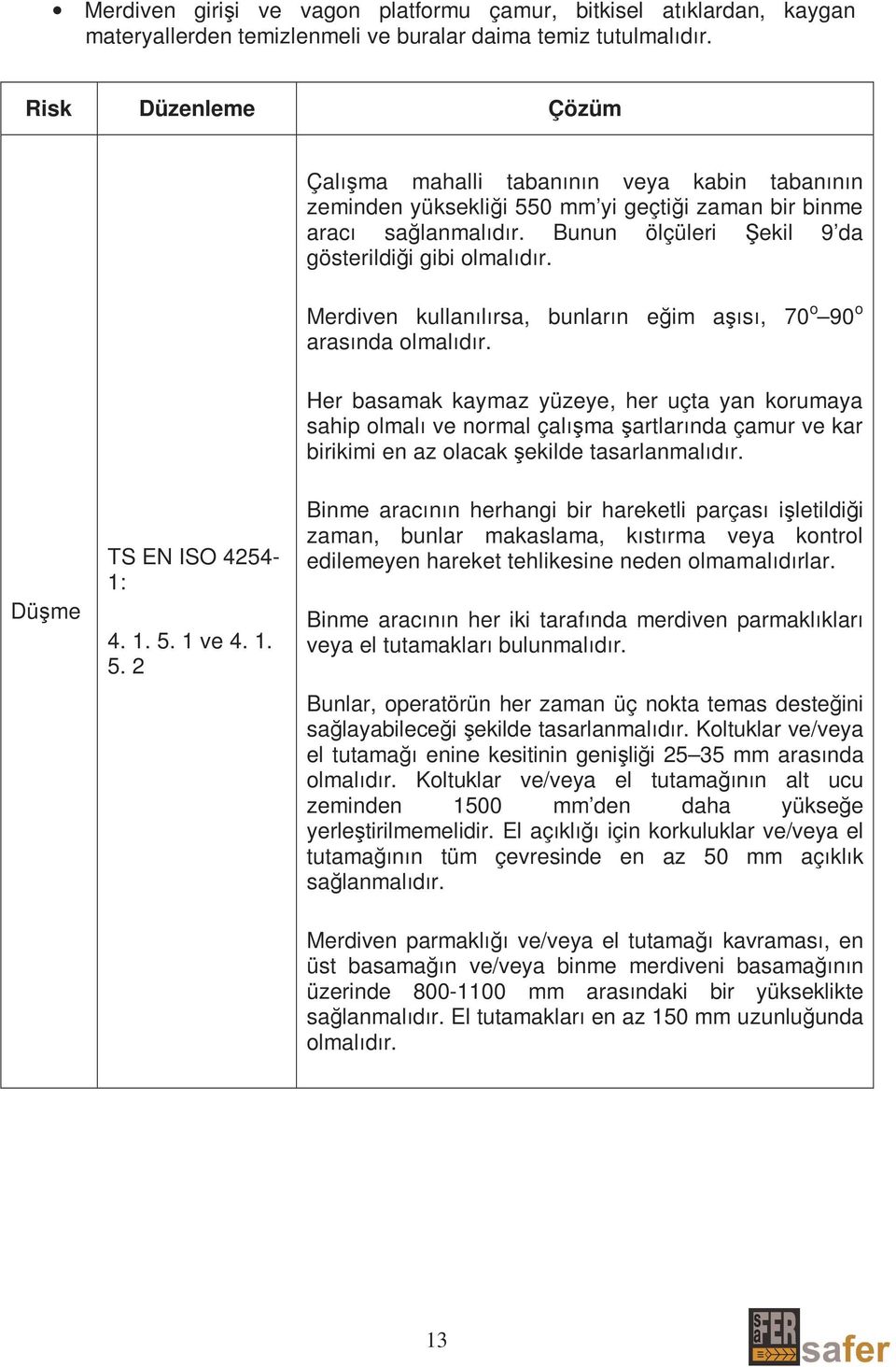 Merdiven kullanılırsa, bunların eğim aşısı, 70 o 90 o arasında olmalıdır.