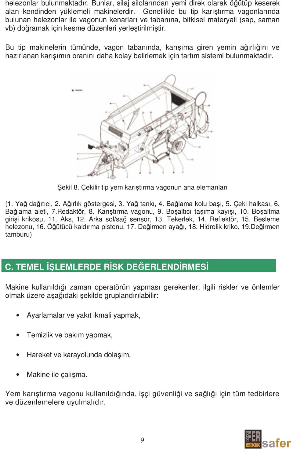 Bu tip makinelerin tümünde, vagon tabanında, karışıma giren yemin ağırlığını ve hazırlanan karışımın oranını daha kolay belirlemek için tartım sistemi bulunmaktadır. Şekil 8.