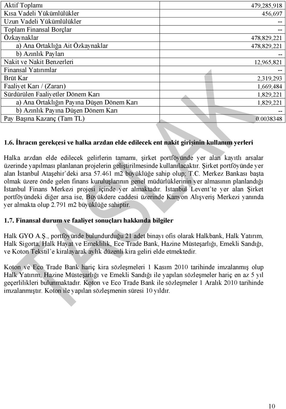 Dönem Karı 1,829,221 b) Azınlık Payına Düşen Dönem Karı -- Pay Başına Kazanç (Tam TL) 0.0038348 1.6.