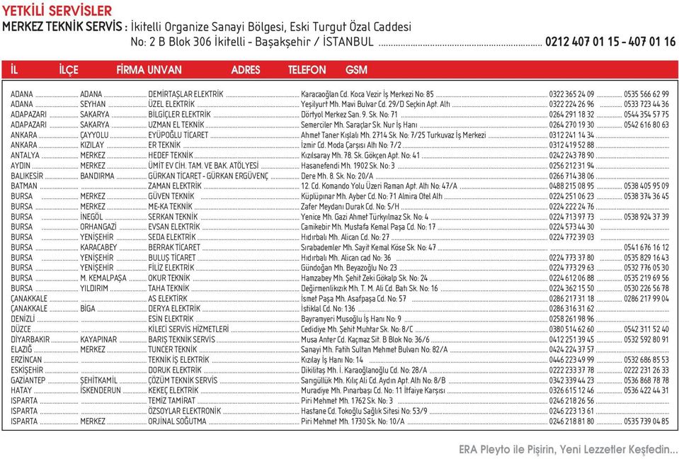 .. SEYHAN... ÜZEL ELEKTR K... Yeflilyurt Mh. Mavi Bulvar Cd. 29/D Seçkin Apt. Alt... 0322 224 26 96... 0533 723 44 36 ADAPAZARI... SAKARYA... B LG ÇLER ELEKTR K... Dörtyol Merkez San. 9. Sk. No: 71.