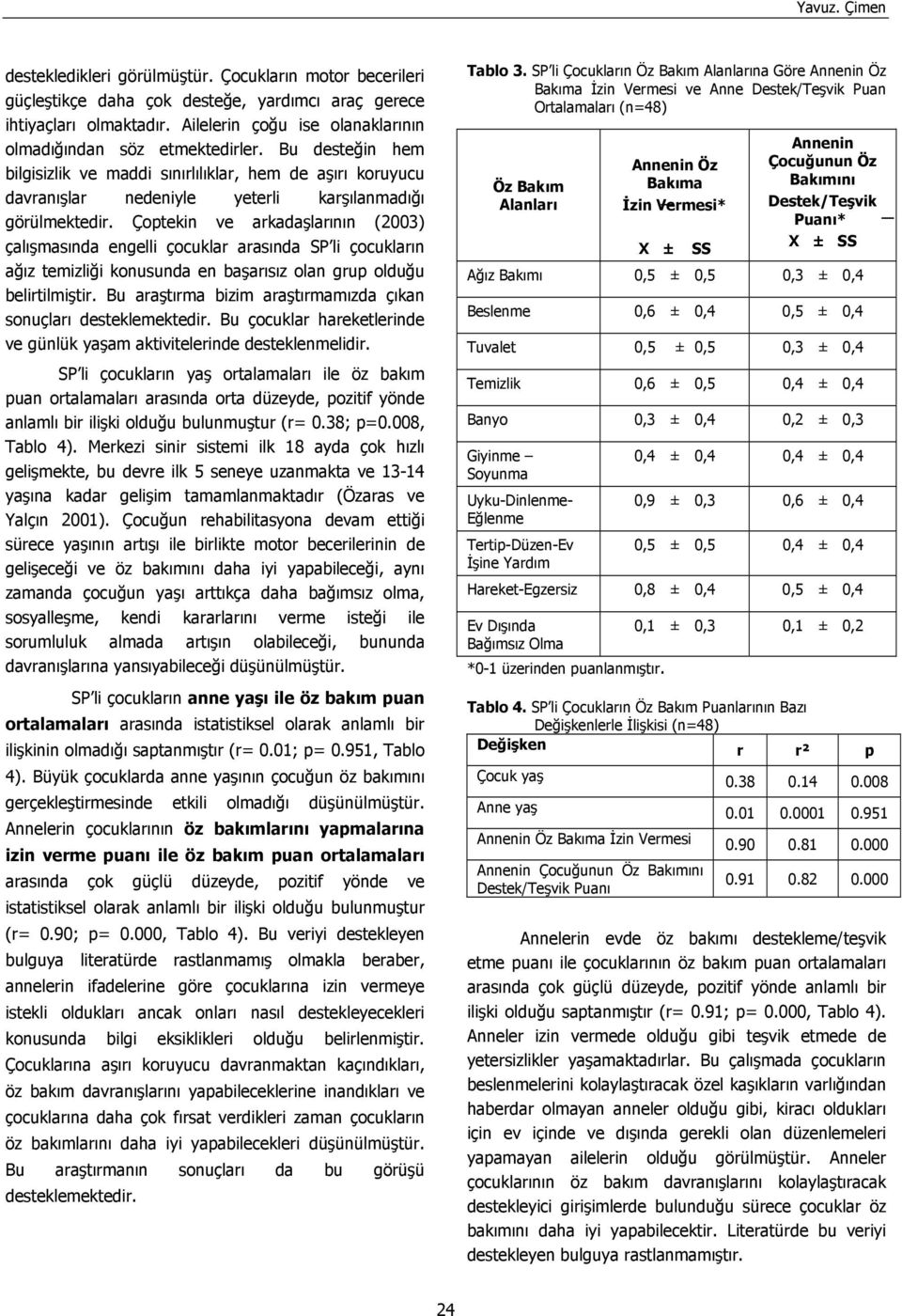 Çoptekin ve arkadaşlarının (2003) çalışmasında engelli çocuklar arasında SP li çocukların ağız temizliği konusunda en başarısız olan grup olduğu belirtilmiştir.