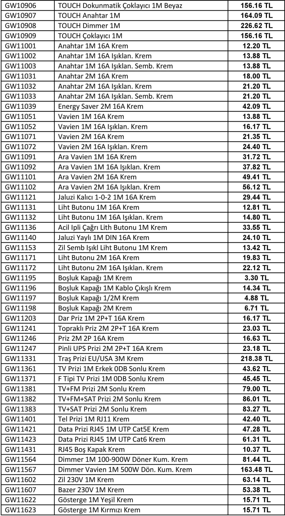 20 TL GW11033 Anahtar 2M 16A Işıklan. Semb. Krem 21.20 TL GW11039 Energy Saver 2M 16A Krem 42.09 TL GW11051 Vavien 1M 16A Krem 13.88 TL GW11052 Vavien 1M 16A Işıklan. Krem 16.