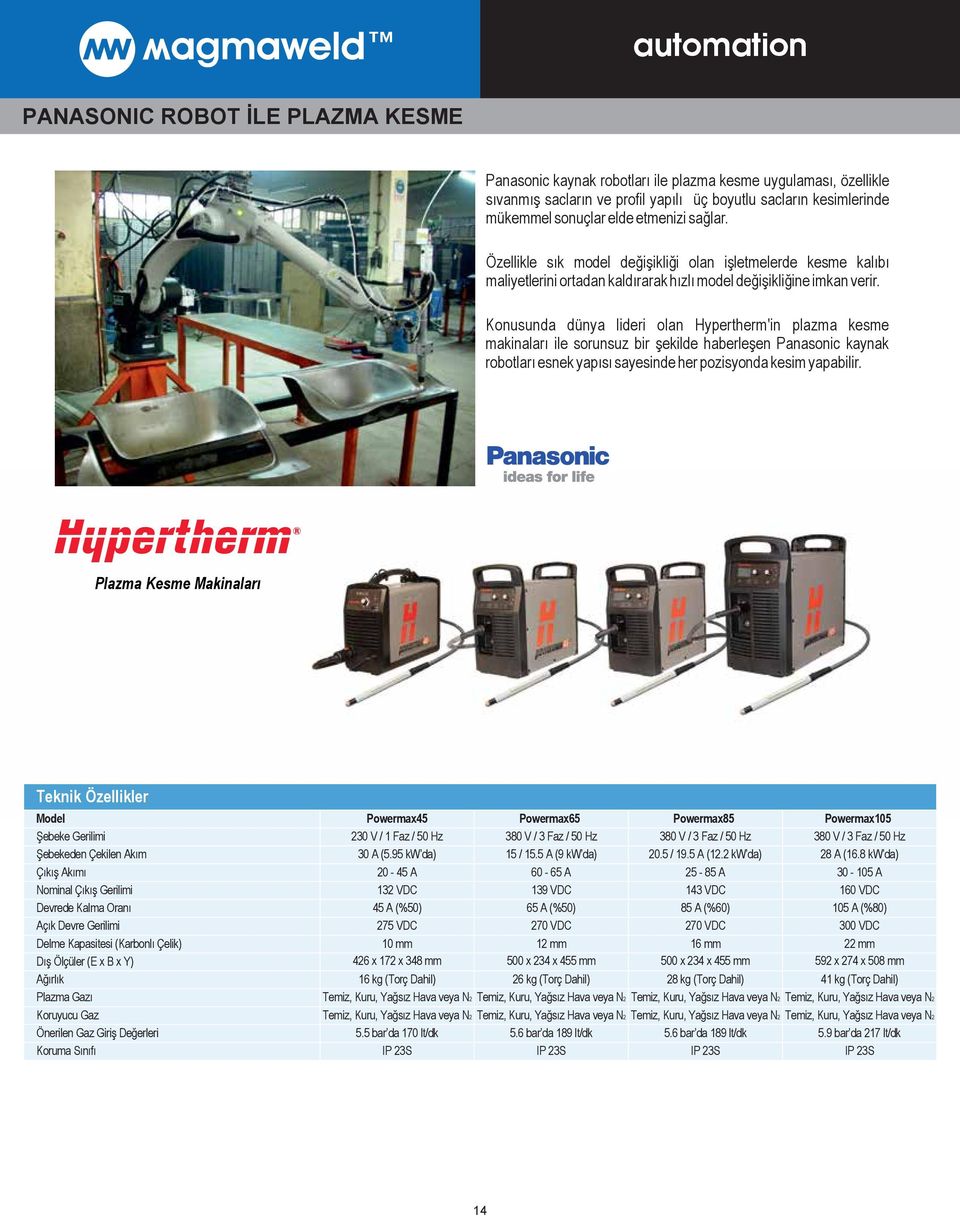 Konusunda dünya lideri olan Hypertherm'in plazma kesme makinaları ile sorunsuz bir şekilde haberleşen Panasonic kaynak robotları esnek yapısı sayesinde her pozisyonda kesim yapabilir.
