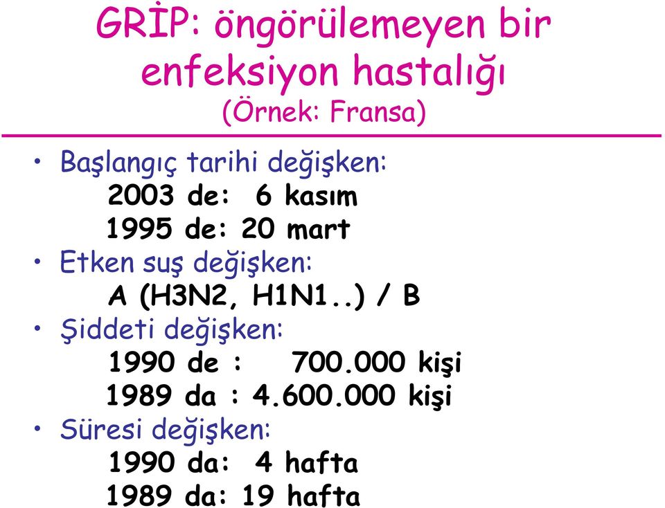 suş değişken: A (H3N2, H1N1..) / B Şiddeti değişken: 1990 de : 700.