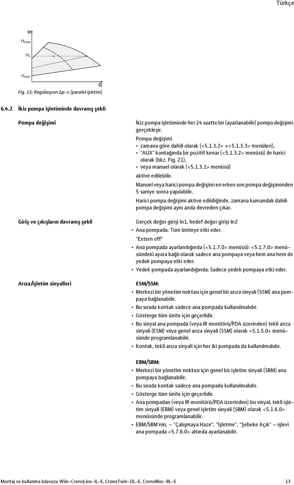 Pompa değişimi zamana göre dahili olarak (<5.1.3.2> +<5.1.3.3> menüleri), "AUX" kontağında bir pozitif kenar (<5.1.3.2> menüsü) ile harici olarak (bkz. Fig. 21), veya manuel olarak (<5.1.3.1> menüsü) aktive edilebilir.