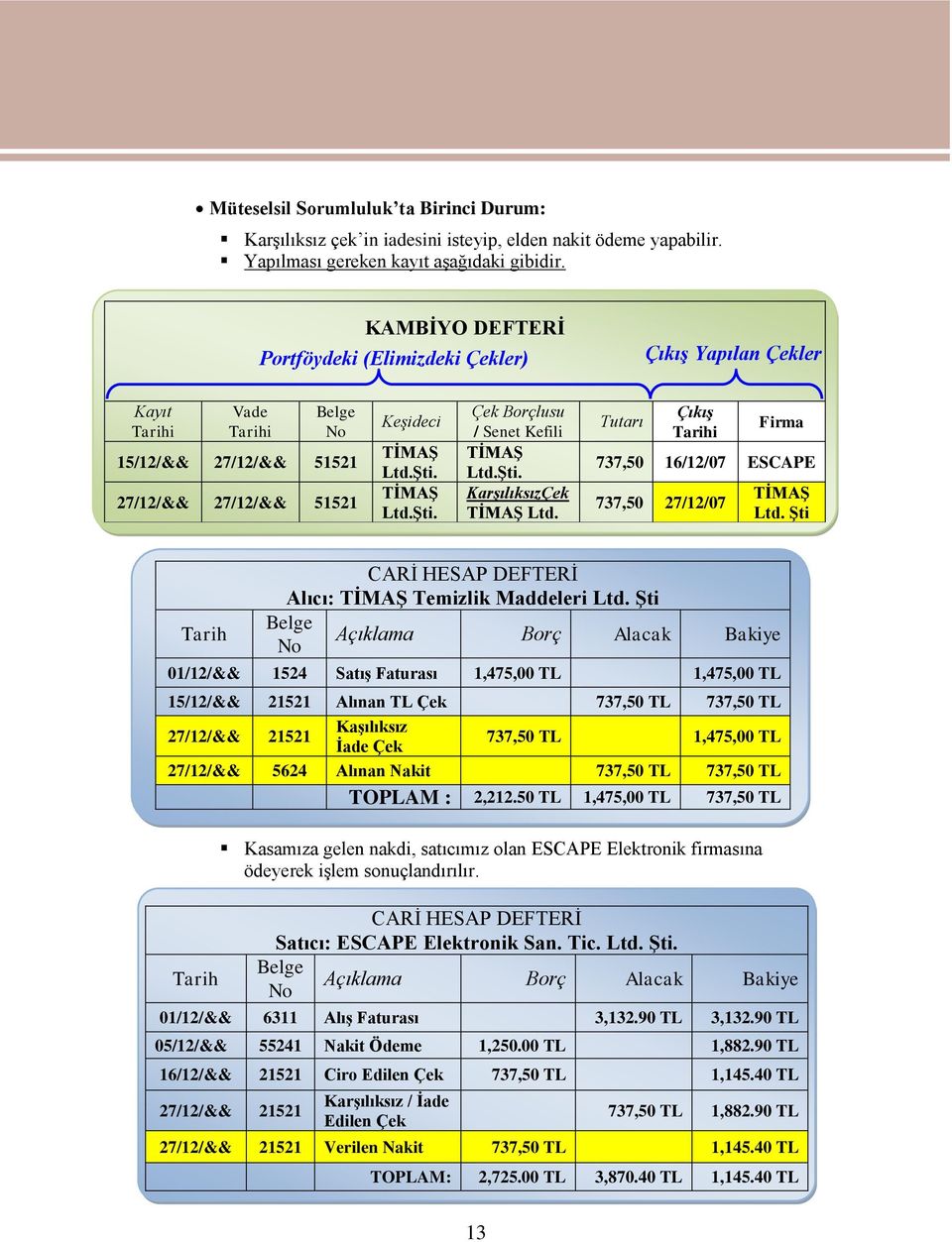 ġti. KarşılıksızÇek TĠMAġ Ltd. Tutarı Çıkış Tarihi Firma 737,50 6//07 ESCAPE 737,50 7//07 TĠMAġ Ltd. ġti Tarih CARĠ HESAP DEFTERĠ Alıcı: TĠMAġ Temizlik Maddeleri Ltd.