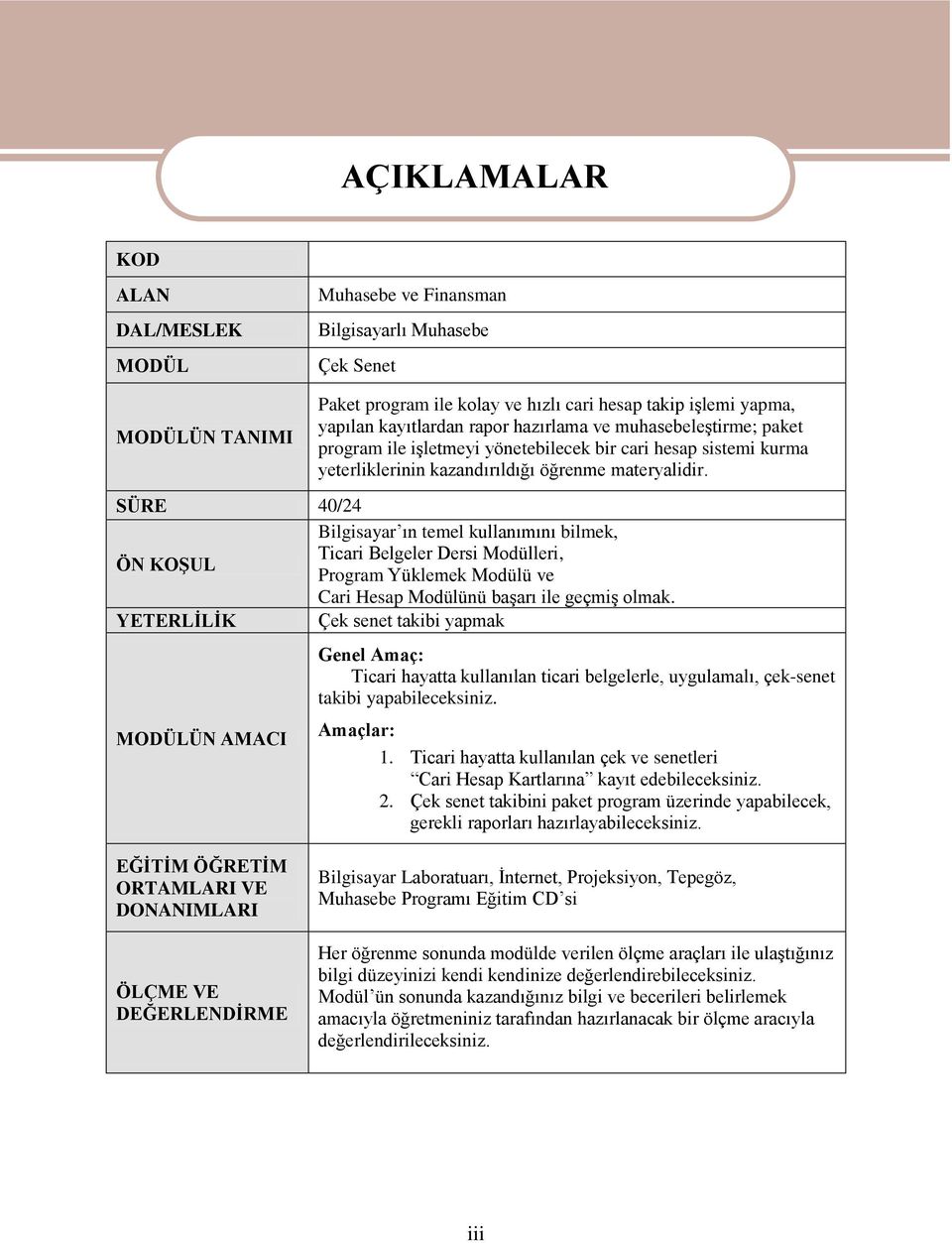 SÜRE 40/4 Bilgisayar ın temel kullanımını bilmek, Ticari Belgeler Dersi Modülleri, ÖN KOġUL Program Yüklemek Modülü ve Cari Hesap Modülünü baģarı ile geçmiģ olmak.