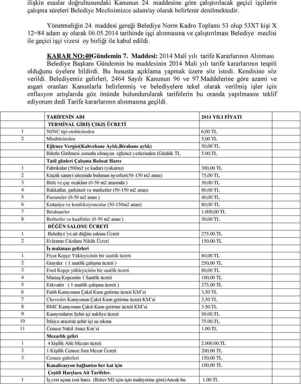 2014 tarihinde işçi alınmasına ve çalıştırılması Belediye meclisi ile geçici işçi vizesi oy birliği ile kabul edildi. KARAR NO:40Gündemin 7.