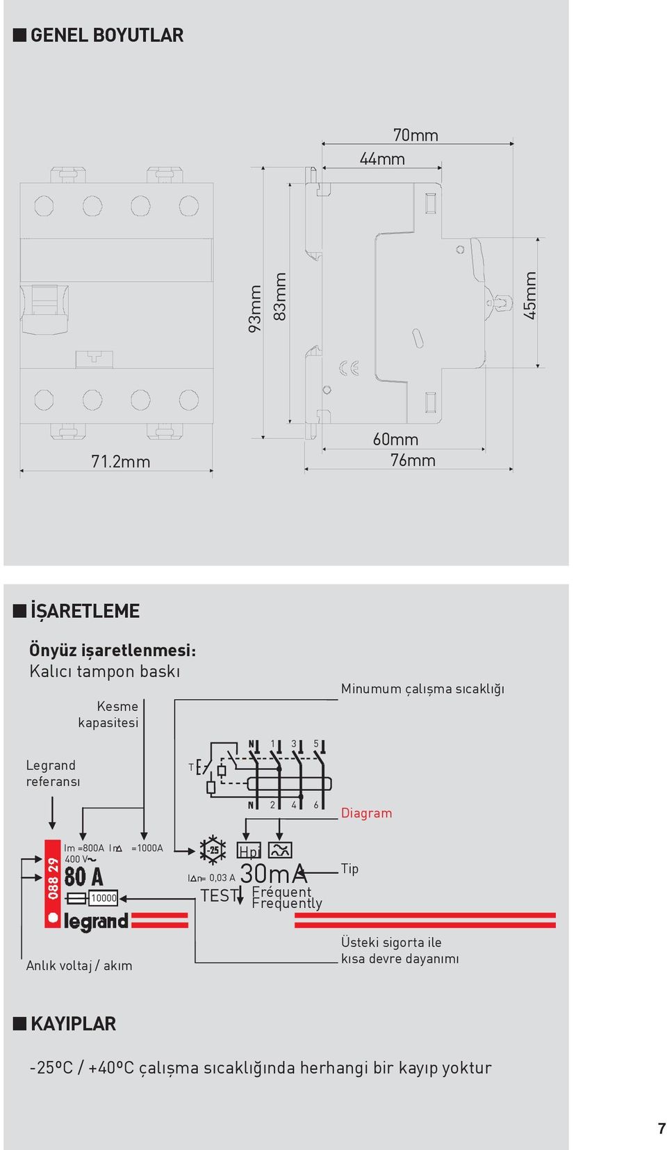 T 1 3 5 Minumum çalışma sıcaklığı 2 4 6 Diagram Im =800A Im =1000A 400 V 10000 I n = 0,03 A TEST Hpi