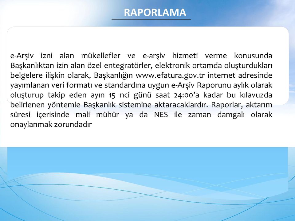 tr internet adresinde yayımlanan veri formatı ve standardına uygun e-arşiv Raporunu aylık olarak oluşturup takip eden ayın 15 nci