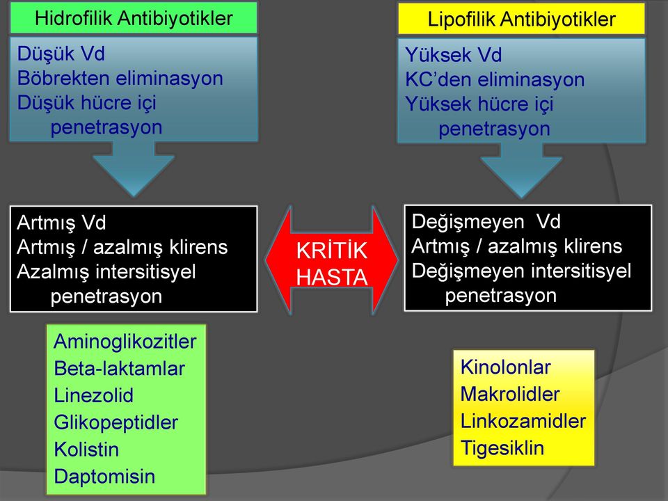 intersitisyel penetrasyon Aminoglikozitler Beta-laktamlar Linezolid Glikopeptidler Kolistin Daptomisin KRİTİK