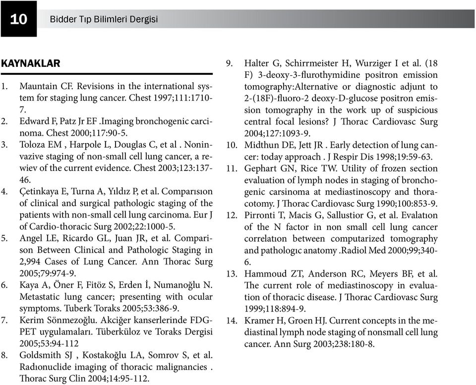 Çetinkaya E, Turna A, Yıldız P, et al. Comparısıon of clinical and surgical pathologic staging of the patients with non-small cell lung carcinoma. Eur J of Cardio-thoracic Surg 00;:1000-.