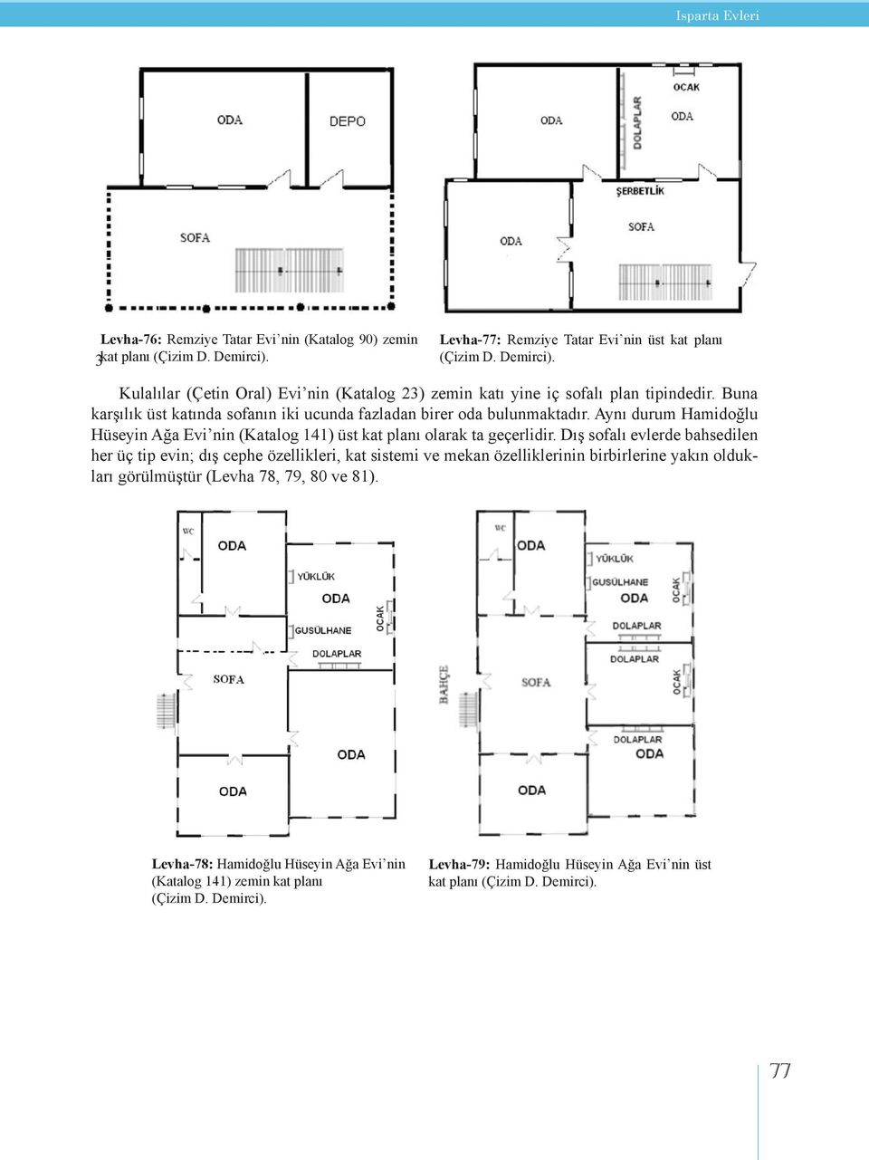 Dış sofalı evlerde bahsedilen her üç tip evin; dış cephe özellikleri, kat sistemi ve mekan özelliklerinin birbirlerine yakın oldukları görülmüştür (Levha 78, 79, 80 ve 81).