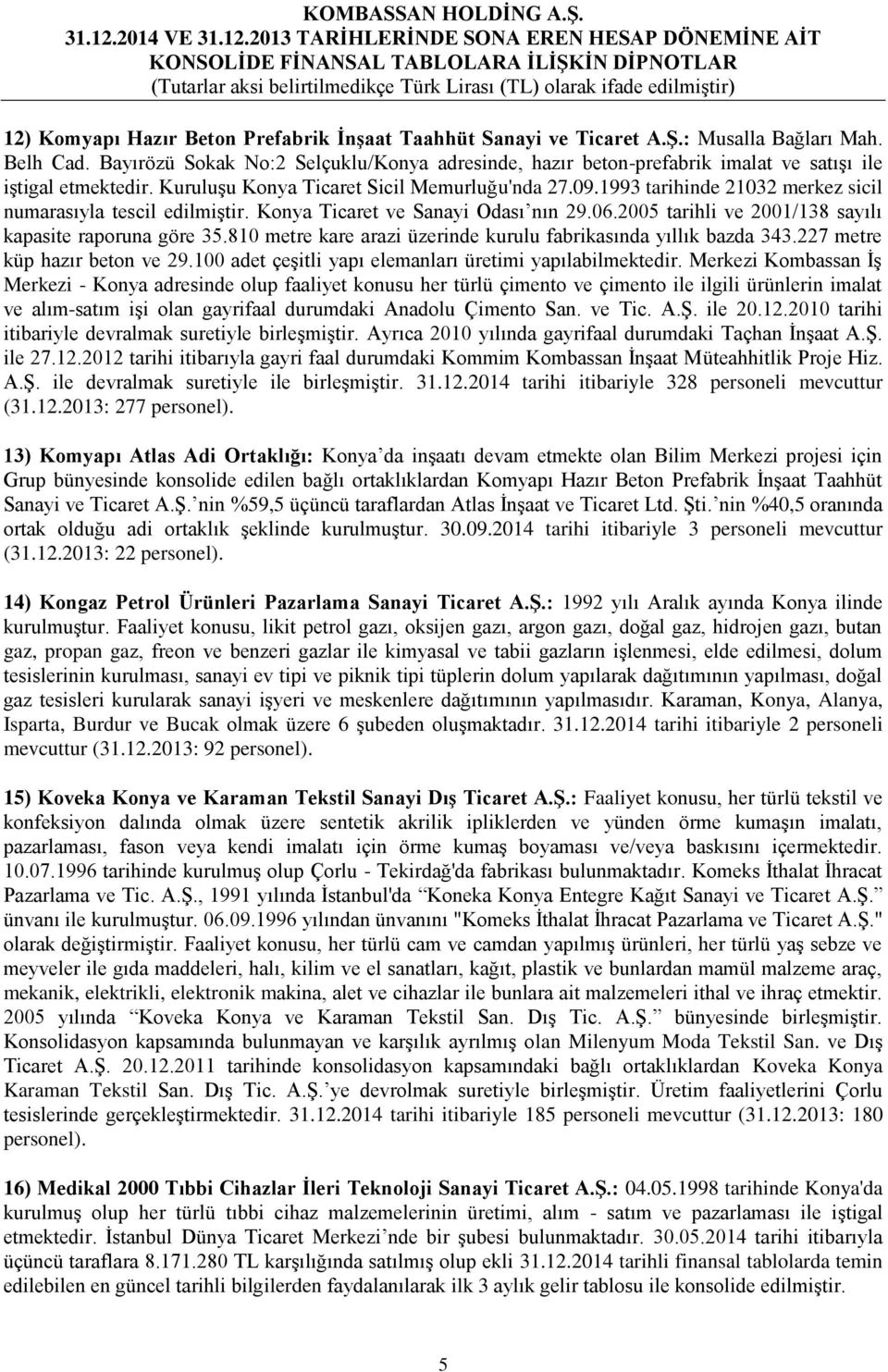 1993 tarihinde 21032 merkez sicil numarasıyla tescil edilmiştir. Konya Ticaret ve Sanayi Odası nın 29.06.2005 tarihli ve 2001/138 sayılı kapasite raporuna göre 35.