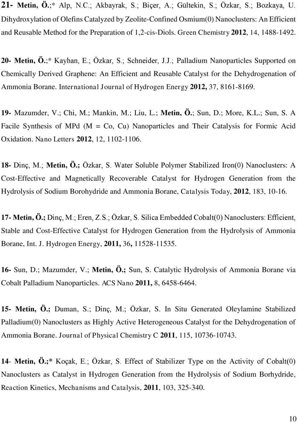 20- Metin, Ö.;* Kayhan, E.; Özkar, S.; Schneider, J.J.; Palladium Nanoparticles Supported on Chemically Derived Graphene: An Efficient and Reusable Catalyst for the Dehydrogenation of Ammonia Borane.