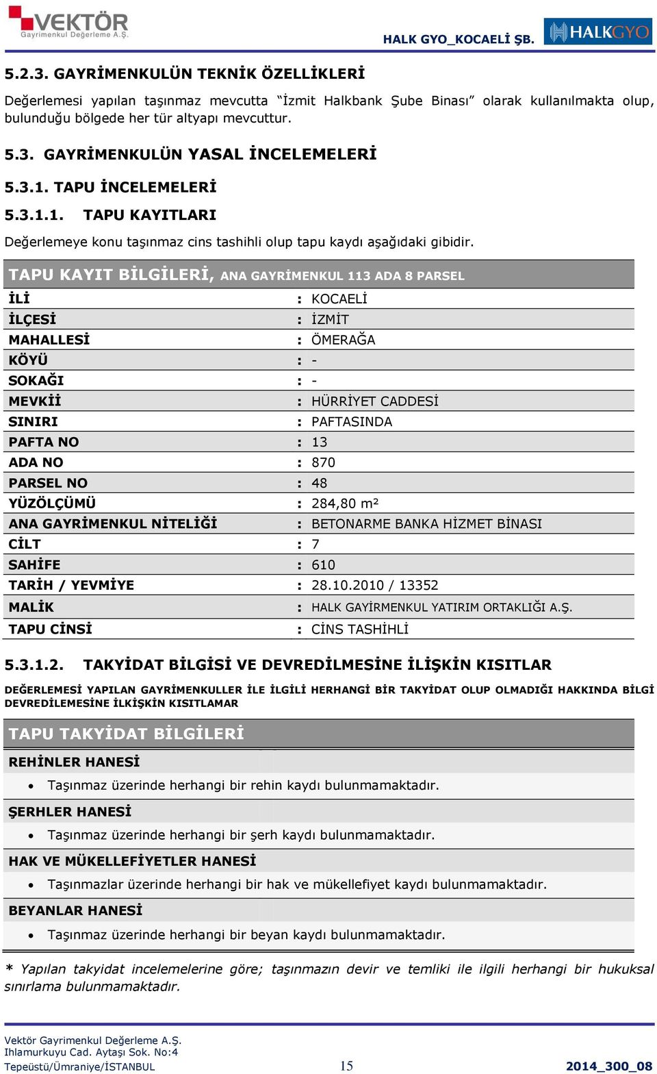 TAPU KAYIT BİLGİLERİ, ANA GAYRİMENKUL 113 ADA 8 PARSEL İLİ İLÇESİ MAHALLESİ KÖYÜ : - SOKAĞI : - MEVKİİ SINIRI : KOCAELİ : İZMİT PAFTA NO : 13 ADA NO : 870 PARSEL NO : 48 : ÖMERAĞA : HÜRRİYET CADDESİ