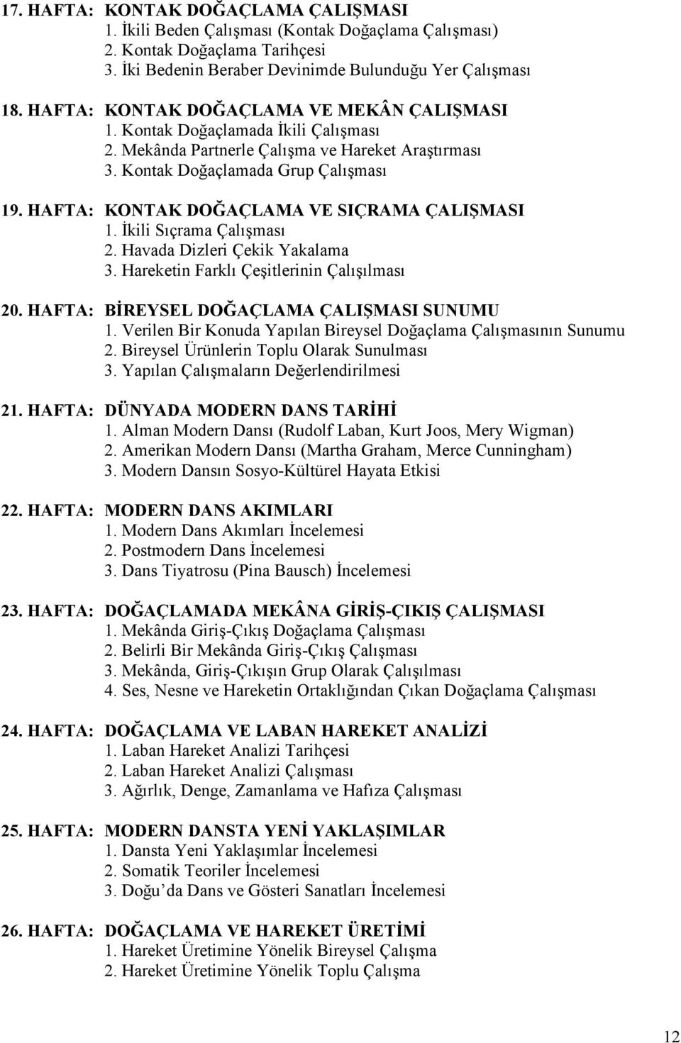 HAFTA: KONTAK DOĞAÇLAMA VE SIÇRAMA ÇALIŞMASI 1. İkili Sıçrama Çalışması 2. Havada Dizleri Çekik Yakalama 3. Hareketin Farklı Çeşitlerinin Çalışılması 20. HAFTA: BİREYSEL DOĞAÇLAMA ÇALIŞMASI SUNUMU 1.