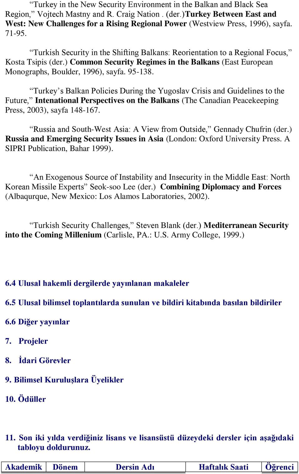 Turkish Security in the Shifting Balkans: Reorientation to a Regional Focus, Kosta Tsipis (der.) Common Security Regimes in the Balkans (East European Monographs, Boulder, 1996), sayfa. 95-138.