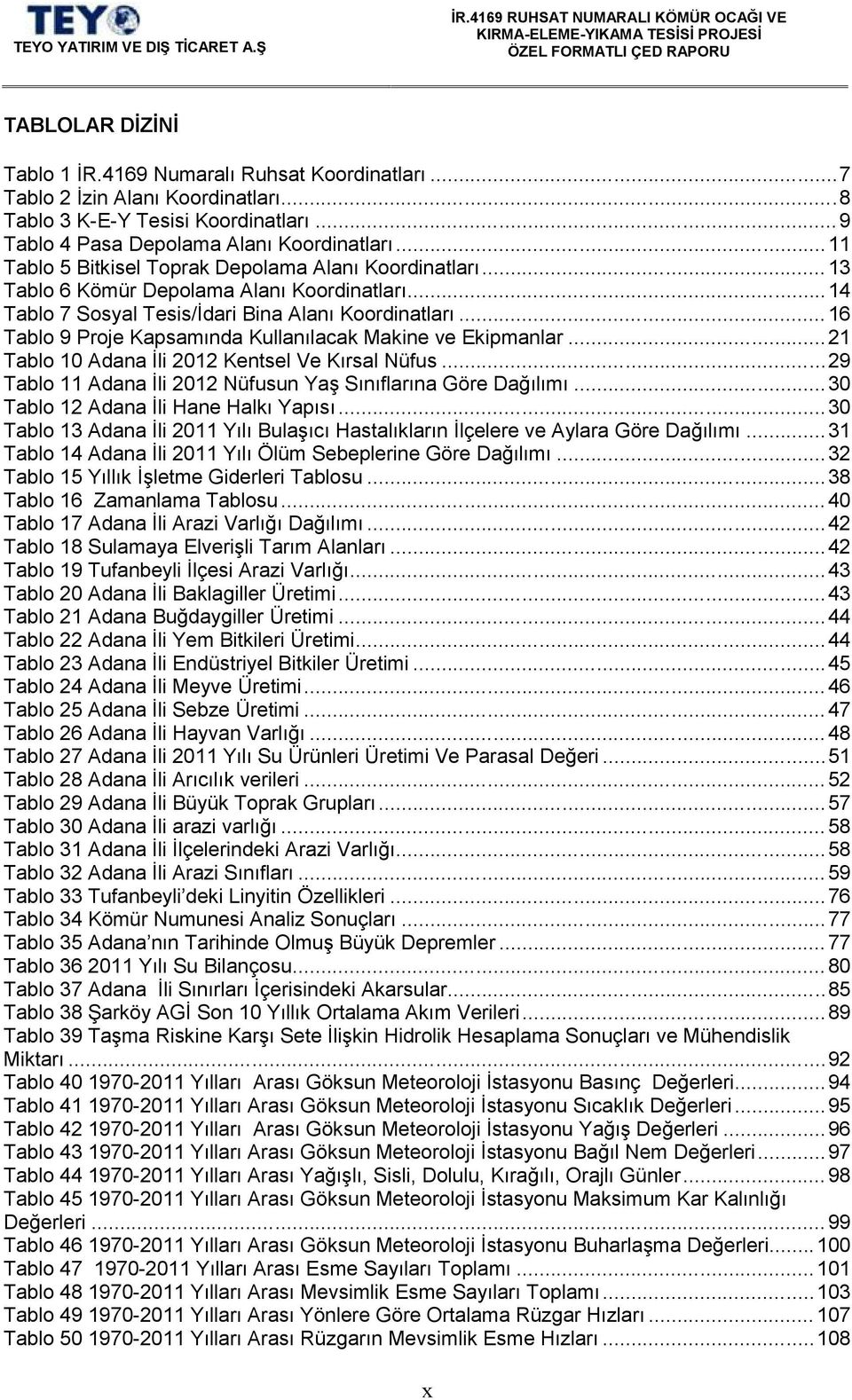 .. 16 Tablo 9 Proje Kapsamında Kullanılacak Makine ve Ekipmanlar... 21 Tablo 1 Adana İli 212 Kentsel Ve Kırsal Nüfus...29 Tablo 11 Adana İli 212 Nüfusun Yaş Sınıflarına Göre Dağılımı.