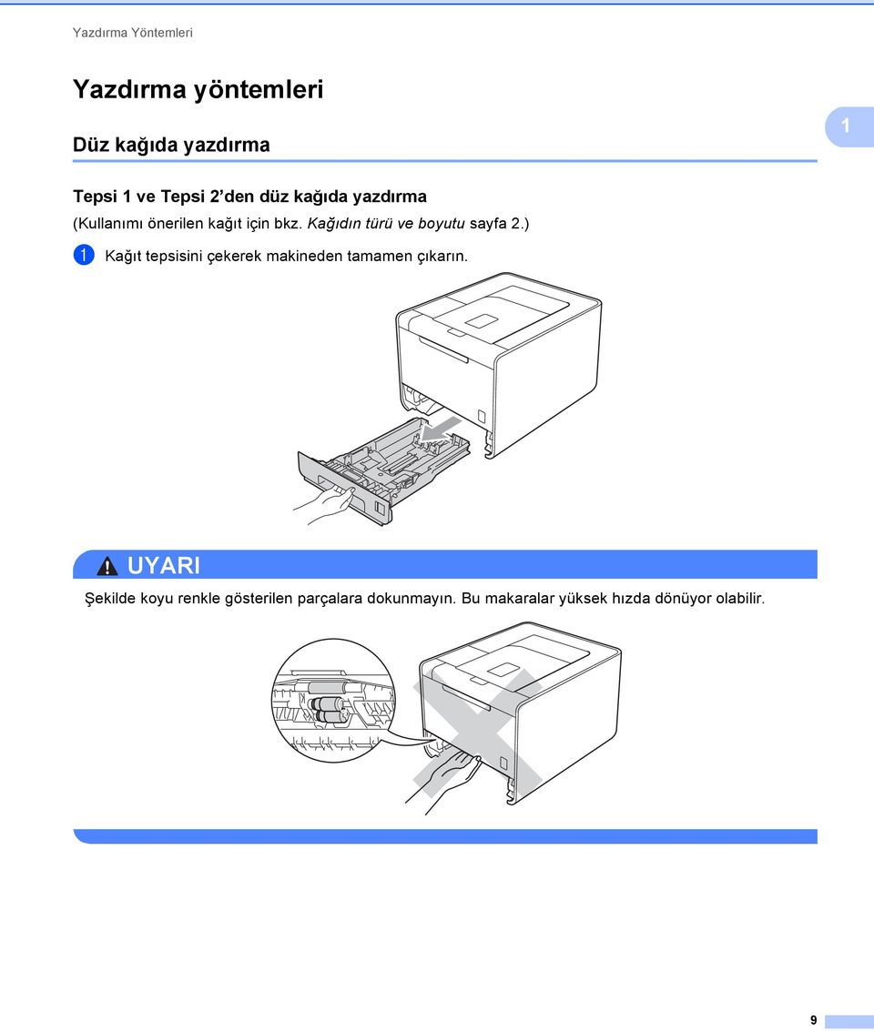 Kağıdın türü ve boyutu sayfa 2.) a Kağıt tepsisini çekerek makineden tamamen çıkarın.