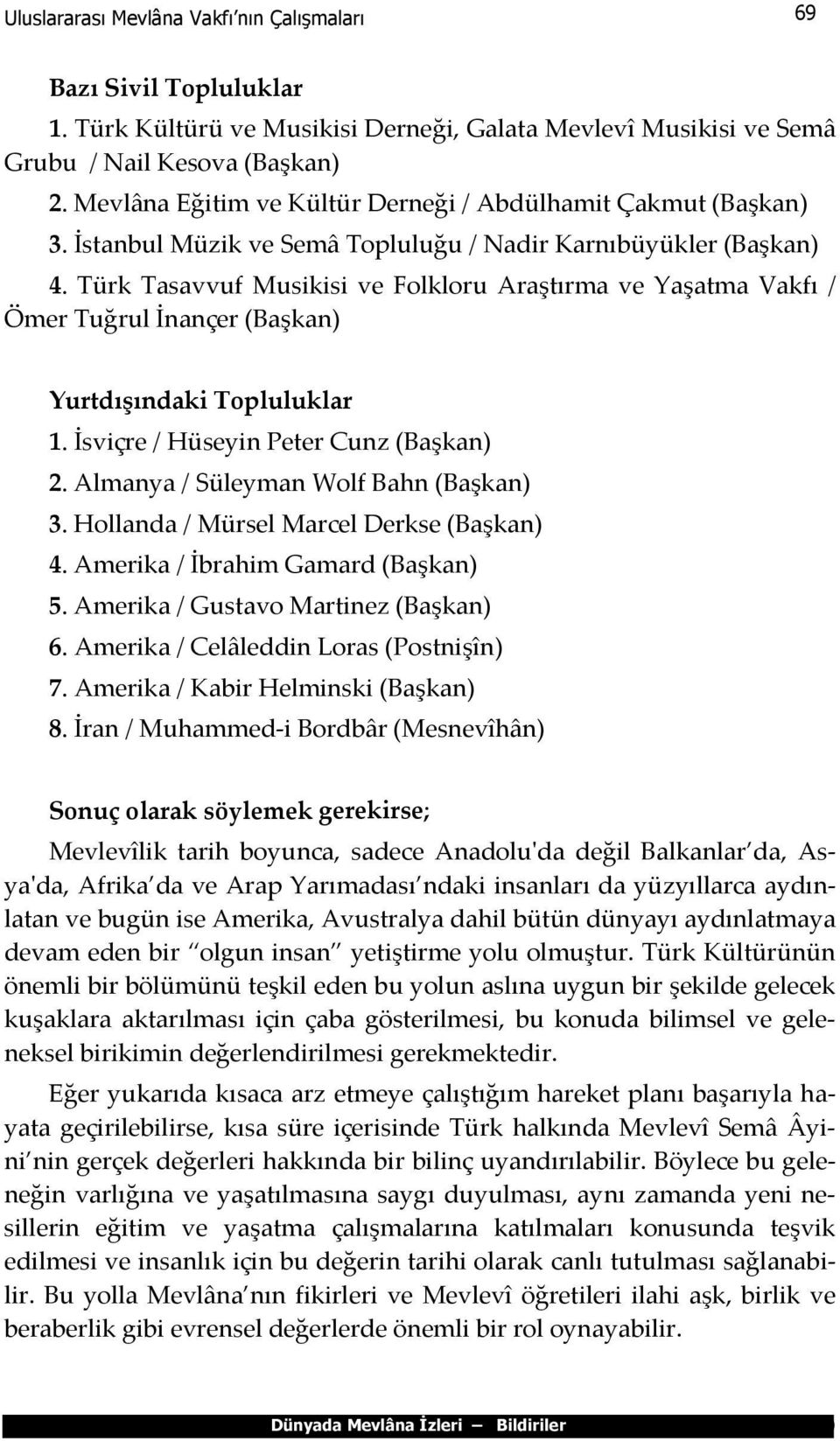 Türk Tasavvuf Musikisi ve Folkloru Araştırma ve Yaşatma Vakfı / Ömer Tuğrul İnançer (Başkan) Yurtdışındaki Topluluklar 1. İsviçre / Hüseyin Peter Cunz (Başkan) 2.