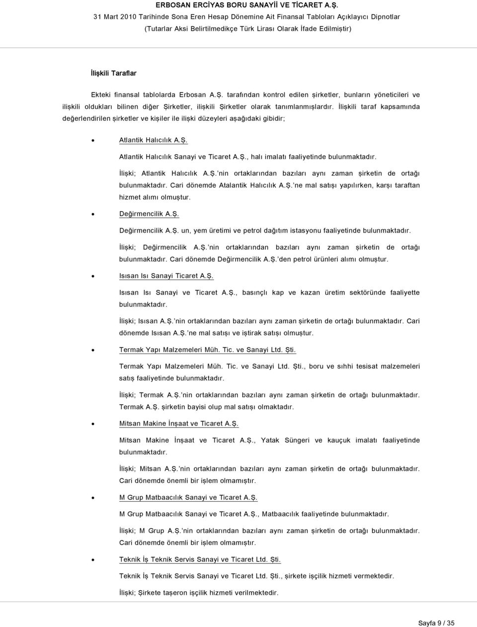 İlişkili taraf kapsamında değerlendirilen şirketler ve kişiler ile ilişki düzeyleri aşağıdaki gibidir; Atlantik Halıcılık A.Ş. Atlantik Halıcılık Sanayi ve Ticaret A.Ş., halı imalatı faaliyetinde bulunmaktadır.