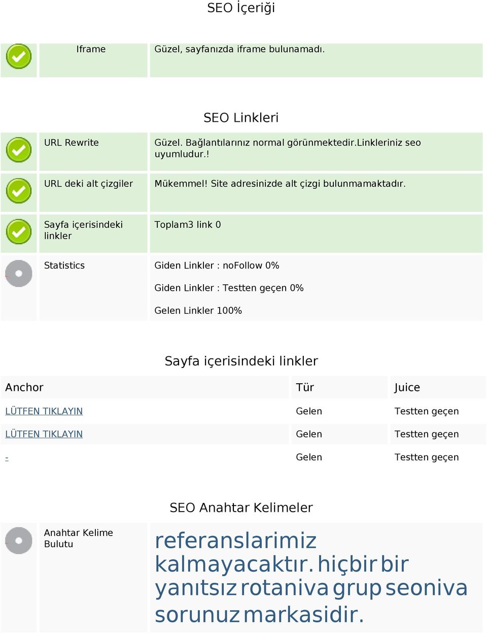 Sayfa içerisindeki linkler Toplam3 link 0 Statistics Giden Linkler : nofollow 0% Giden Linkler : Testten geçen 0% Gelen Linkler 100% Sayfa içerisindeki