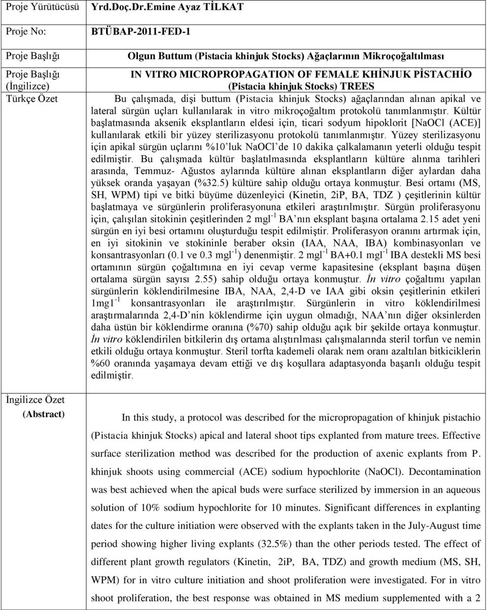 çalışmada, dişi buttum (Pistacia khinjuk Stocks) ağaçlarından alınan apikal ve lateral sürgün uçları kullanılarak in vitro mikroçoğaltım protokolü tanımlanmıştır.
