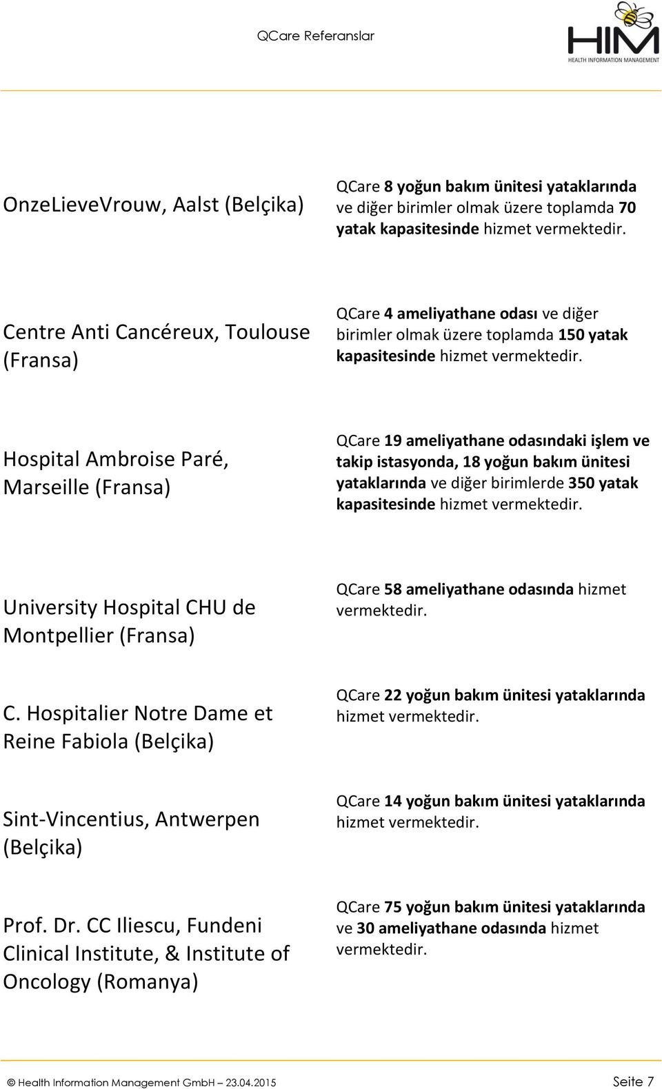 yoğun bakım ünitesi yataklarında ve diğer birimlerde 350 yatak kapasitesinde hizmet University Hospital CHU de Montpellier (Fransa) QCare 58 ameliyathane odasında hizmet C.