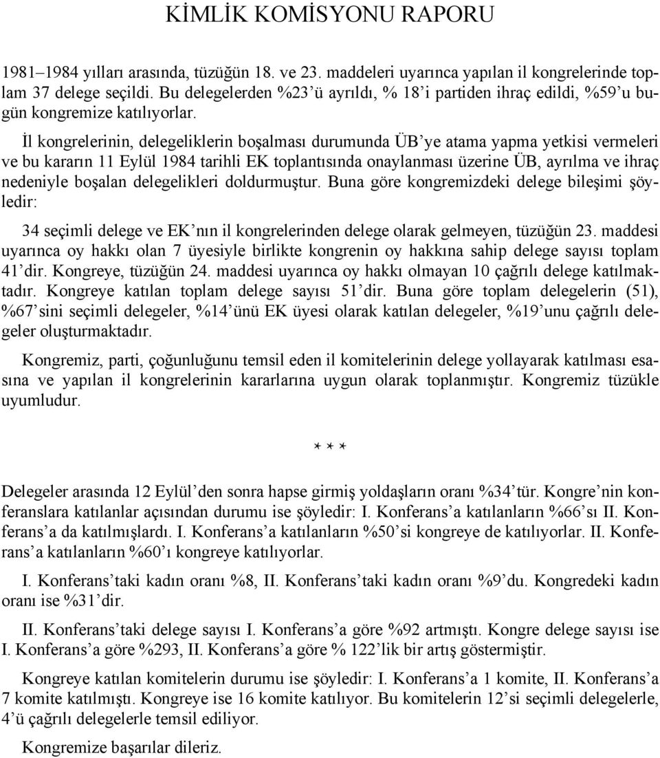 İl kongrelerinin, delegeliklerin boşalması durumunda ÜB ye atama yapma yetkisi vermeleri ve bu kararın 11 Eylül 1984 tarihli EK toplantısında onaylanması üzerine ÜB, ayrılma ve ihraç nedeniyle