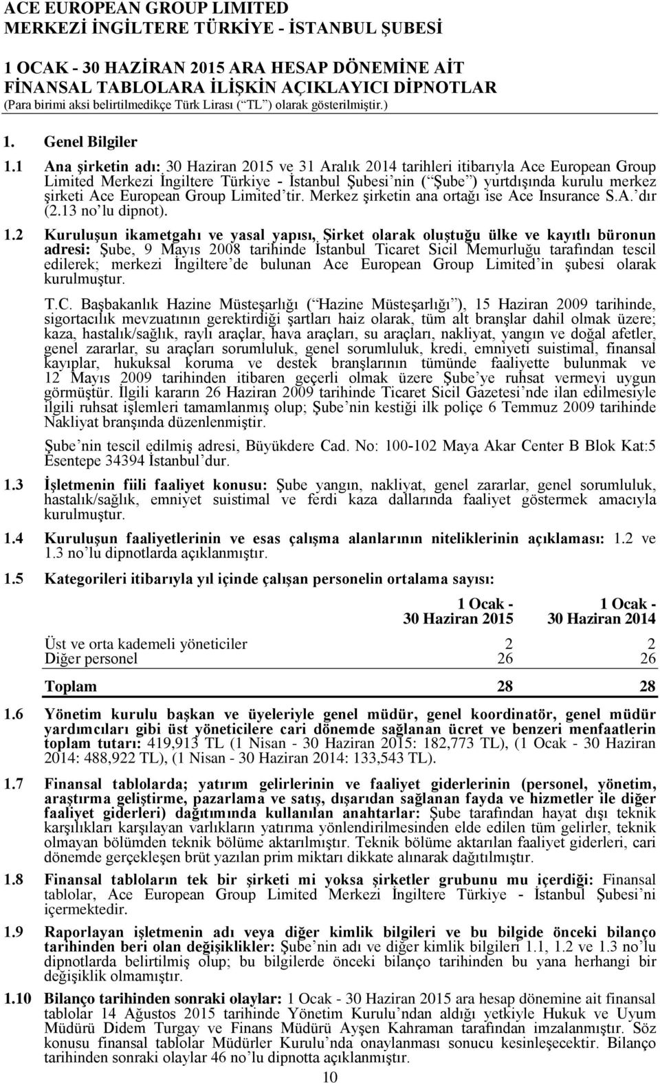 European Group Limited tir. Merkez şirketin ana ortağı ise Ace Insurance S.A. dır (2.13 no lu dipnot). 1.