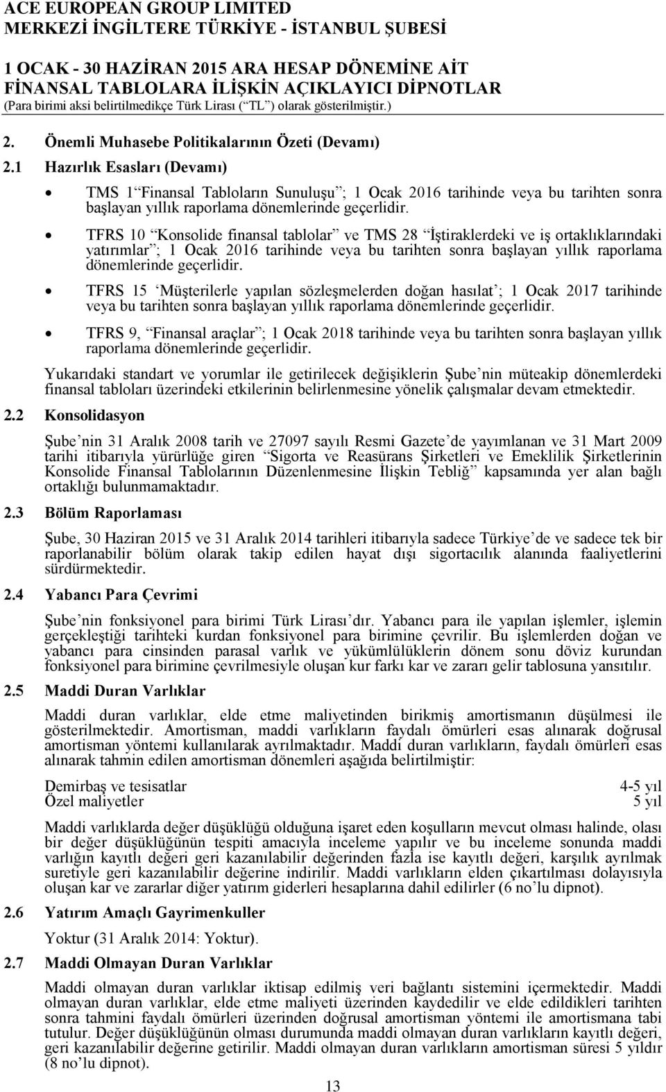 TFRS 10 Konsolide finansal tablolar ve TMS 28 İştiraklerdeki ve iş ortaklıklarındaki yatırımlar ; 1 Ocak 2016 tarihinde veya bu tarihten sonra başlayan yıllık raporlama dönemlerinde geçerlidir.