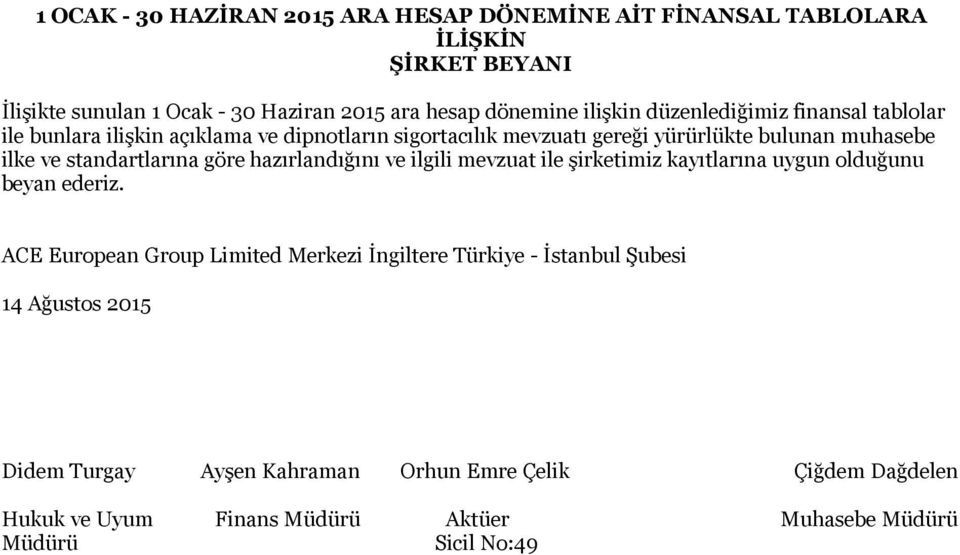 standartlarına göre hazırlandığını ve ilgili mevzuat ile şirketimiz kayıtlarına uygun olduğunu beyan ederiz.