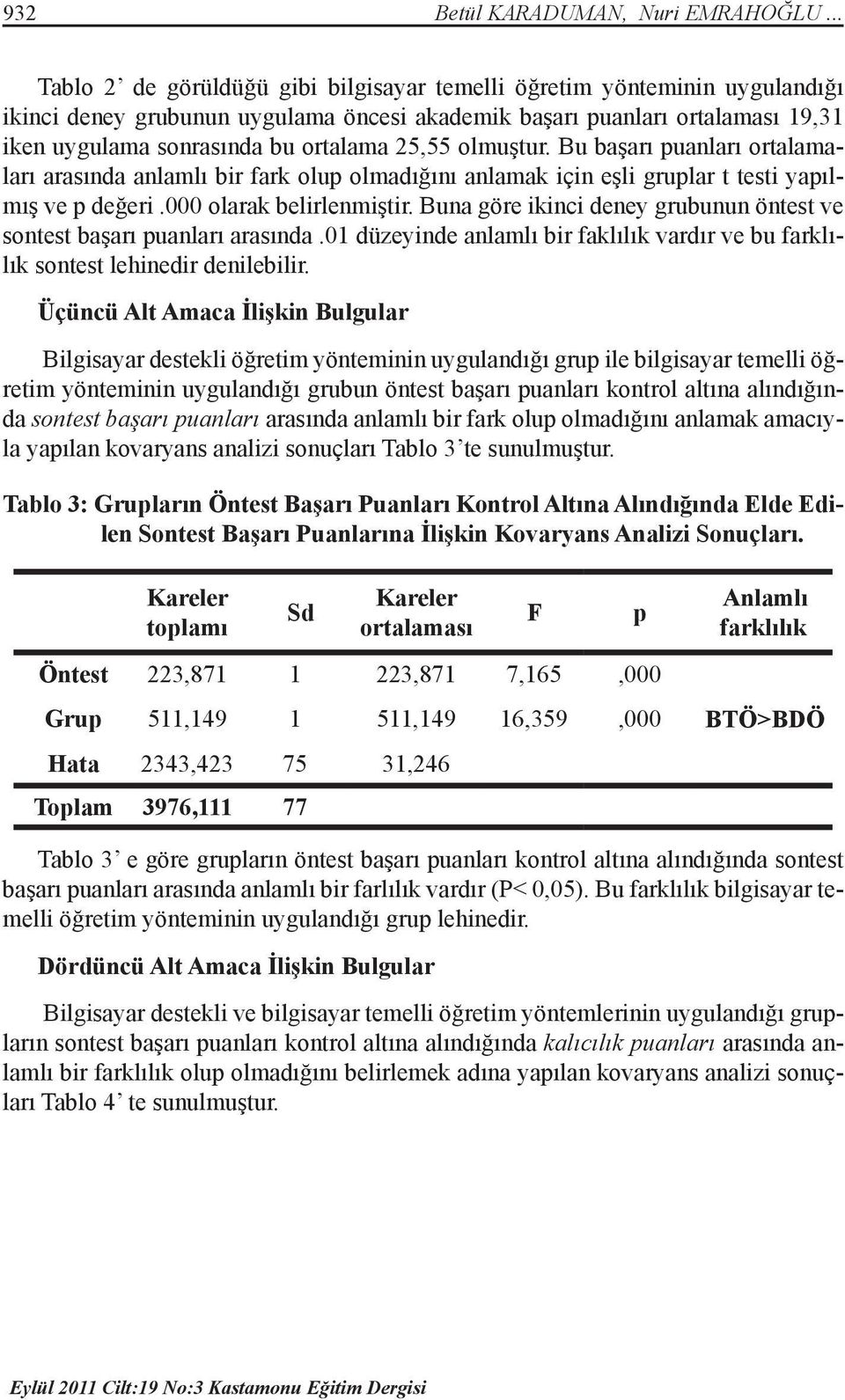 25,55 olmuştur. Bu başarı puanları ortalamaları arasında anlamlı bir fark olup olmadığını anlamak için eşli gruplar t testi yapılmış ve p değeri.000 olarak belirlenmiştir.