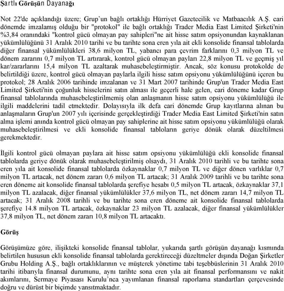 konsolide finansal tablolarda diğer finansal yükümlülükleri 38,6 milyon TL, yabancı para çevrim farklarını 0,3 milyon TL ve dönem zararını 0,7 milyon TL artırarak, kontrol gücü olmayan payları 22,8