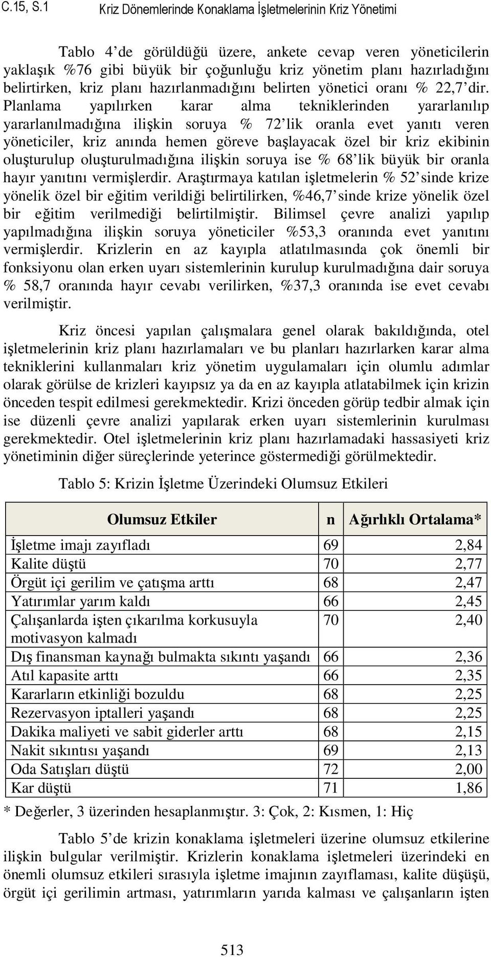 belirtirken, kriz planı hazırlanmadığını belirten yönetici oranı % 22,7 dir.