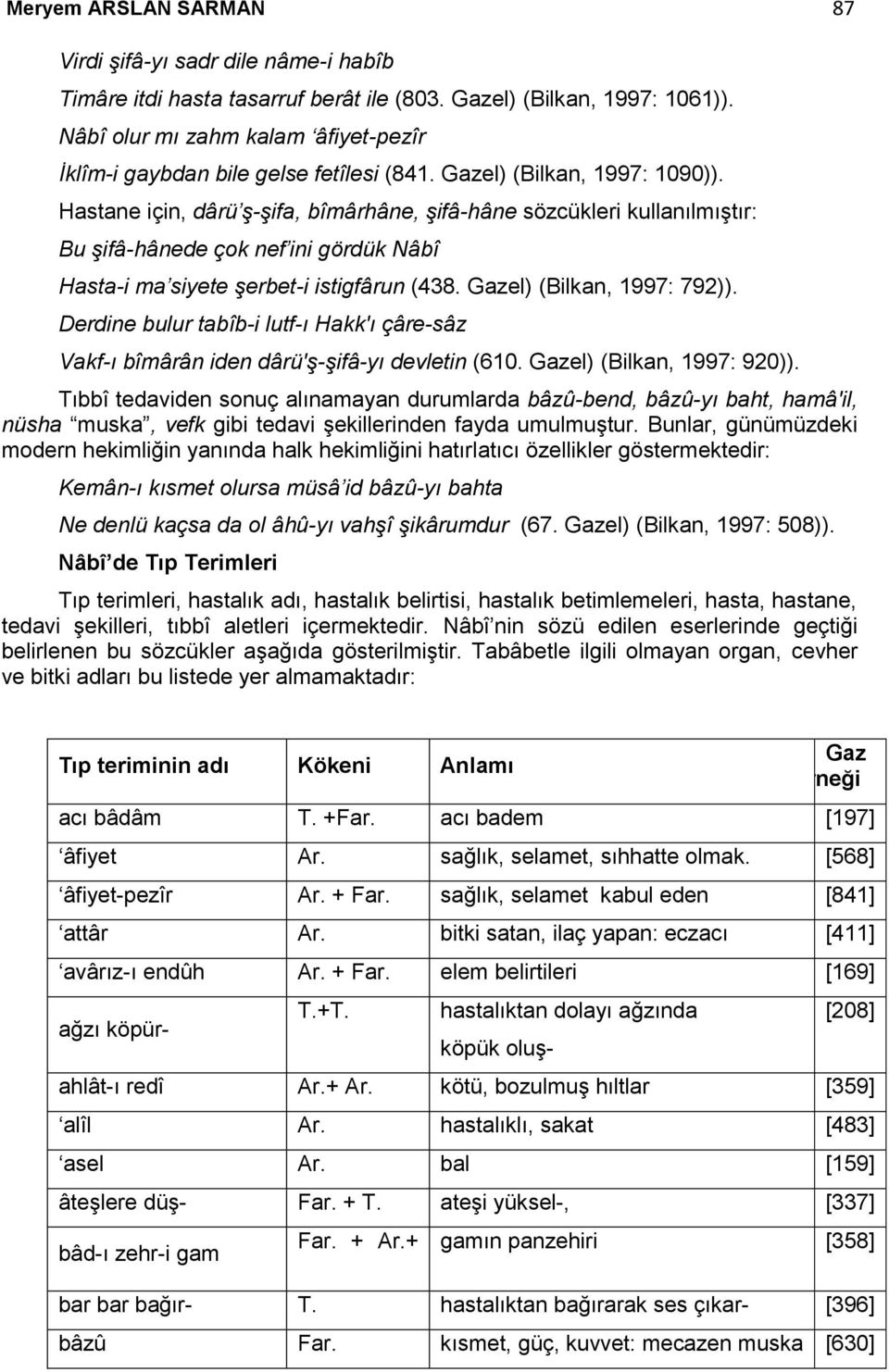 Hastane için, dârü ş-şifa, bîmârhâne, şifâ-hâne sözcükleri kullanılmıştır: Bu şifâ-hânede çok nef ini gördük Nâbî Hasta-i ma siyete şerbet-i istigfârun (438. Gazel) (Bilkan, 1997: 792)).