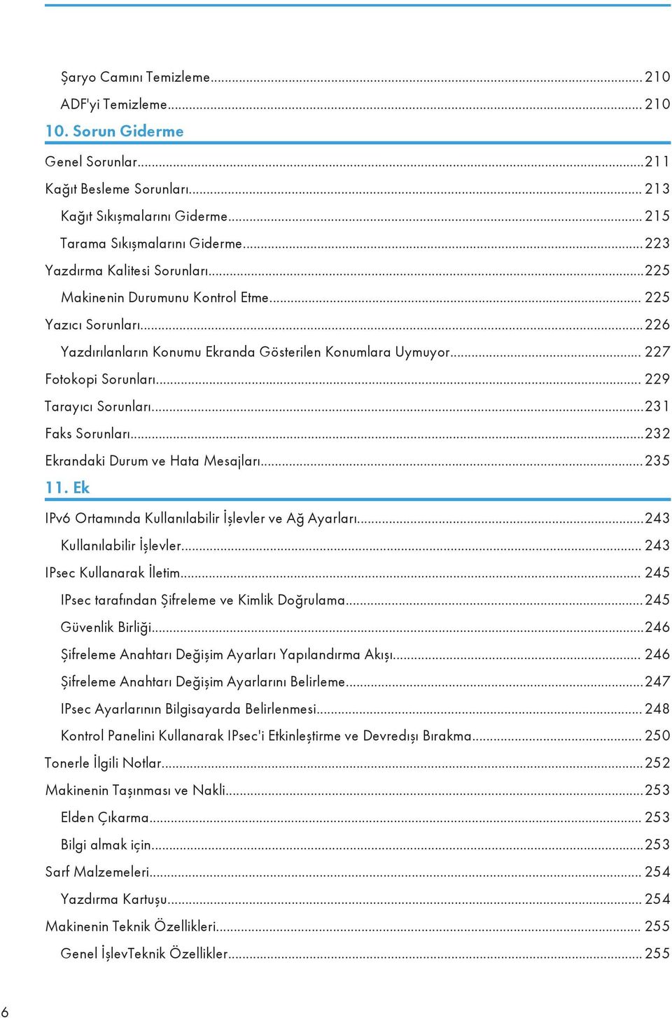 .. 229 Tarayıcı Sorunları...231 Faks Sorunları...232 Ekrandaki Durum ve Hata Mesajları...235 11. Ek IPv6 Ortamında Kullanılabilir İşlevler ve Ağ Ayarları...243 Kullanılabilir İşlevler.