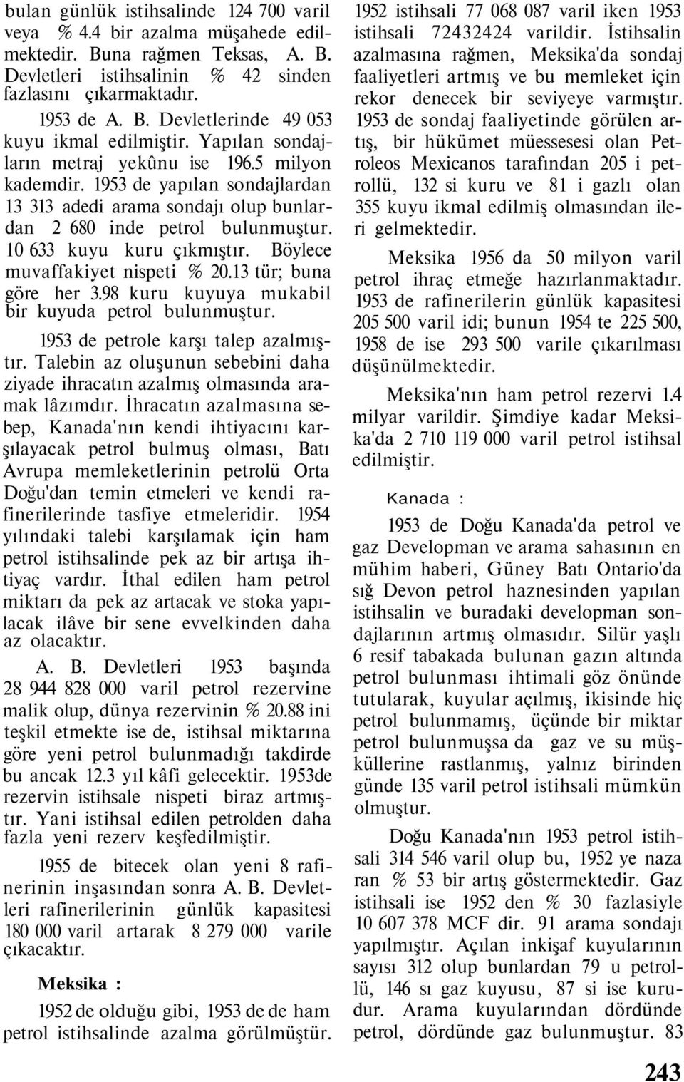 Böylece muvaffakiyet nispeti % 20.13 tür; buna göre her 3.98 kuru kuyuya mukabil bir kuyuda petrol bulunmuştur. 1953 de petrole karşı talep azalmıştır.