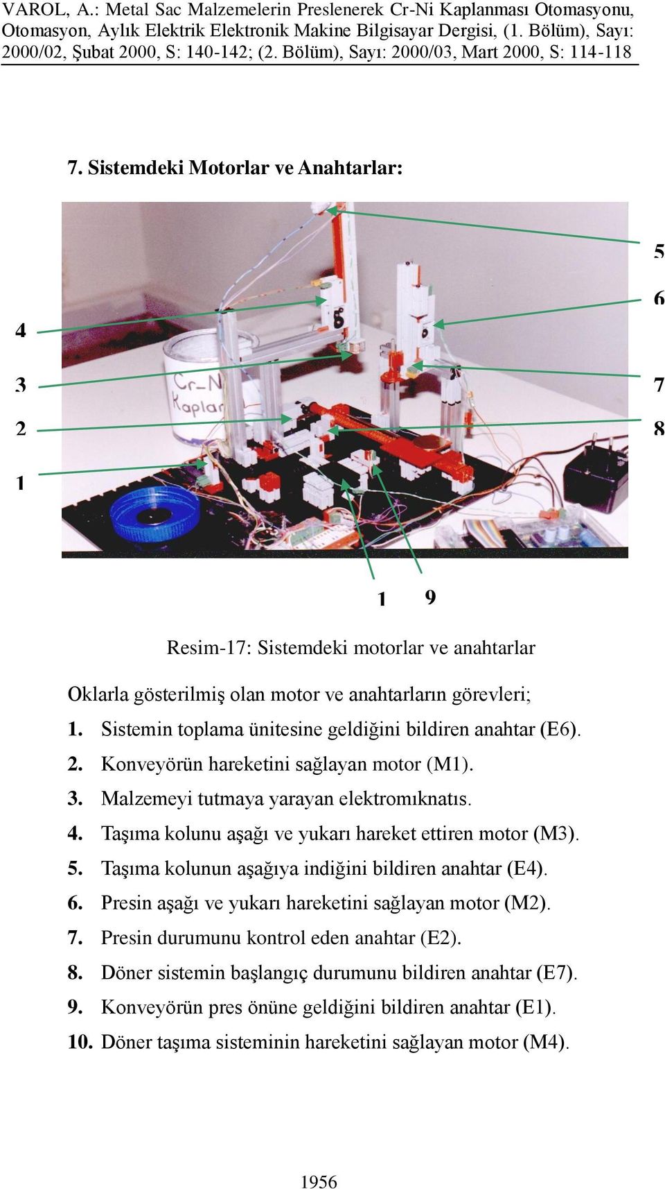 Taşıma kolunu aşağı ve yukarı hareket ettiren motor (M3). 5. Taşıma kolunun aşağıya indiğini bildiren anahtar (E4). 6. Presin aşağı ve yukarı hareketini sağlayan motor (M2). 7.