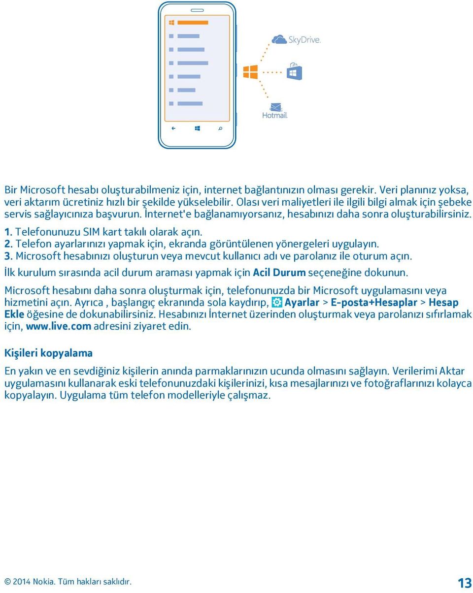 Telefonunuzu SIM kart takılı olarak açın. 2. Telefon ayarlarınızı yapmak için, ekranda görüntülenen yönergeleri uygulayın. 3.