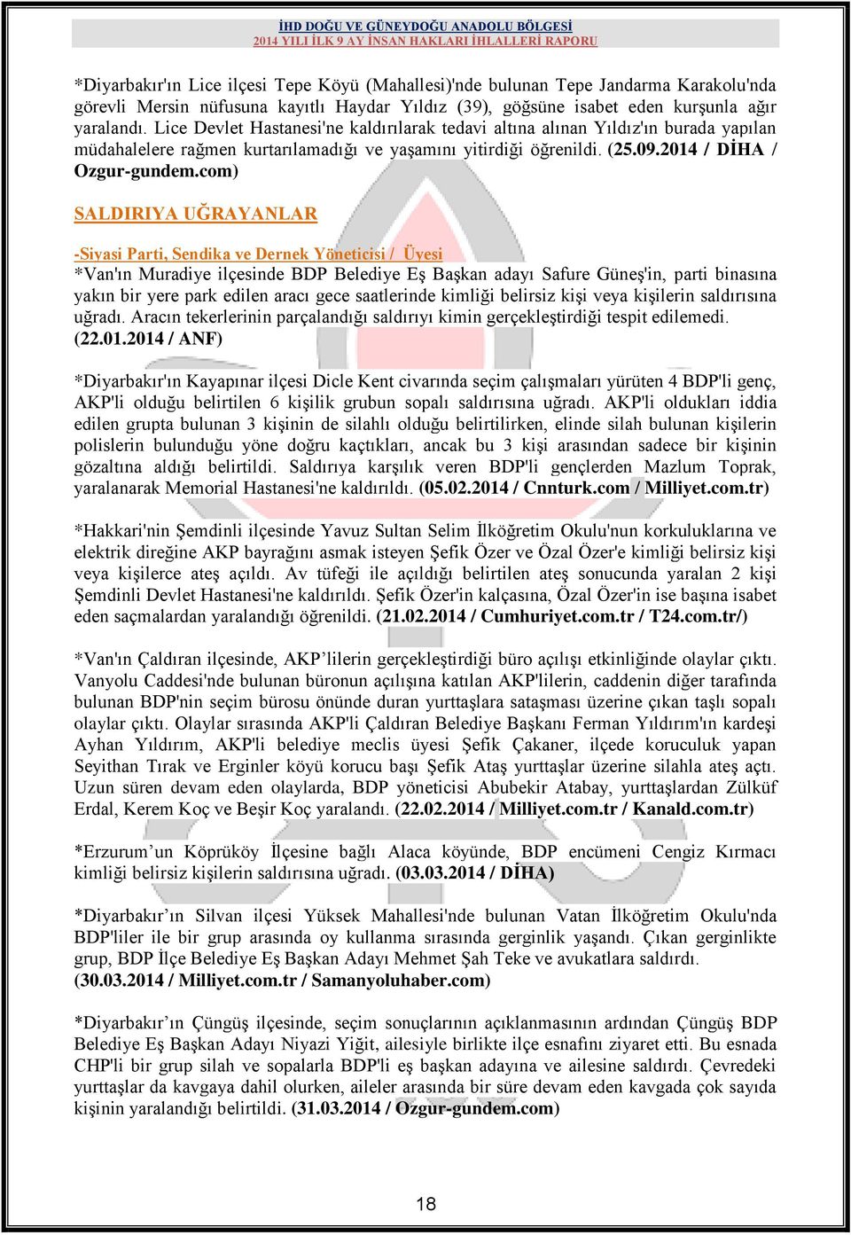 com) SALDIRIYA UĞRAYANLAR -Siyasi Parti, Sendika ve Dernek Yöneticisi / Üyesi *Van'ın Muradiye ilçesinde BDP Belediye EĢ BaĢkan adayı Safure GüneĢ'in, parti binasına yakın bir yere park edilen aracı