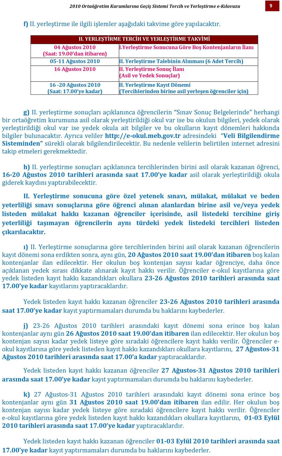 Yerleştirme Talebinin Alınması (6 Adet Tercih) 16 Ağustos 2010 II. Yerleştirme Sonuç İlanı (Asil ve Yedek Sonuçlar) 16 20 Ağustos 2010 (Saat: 17.00 ye kadar) II.