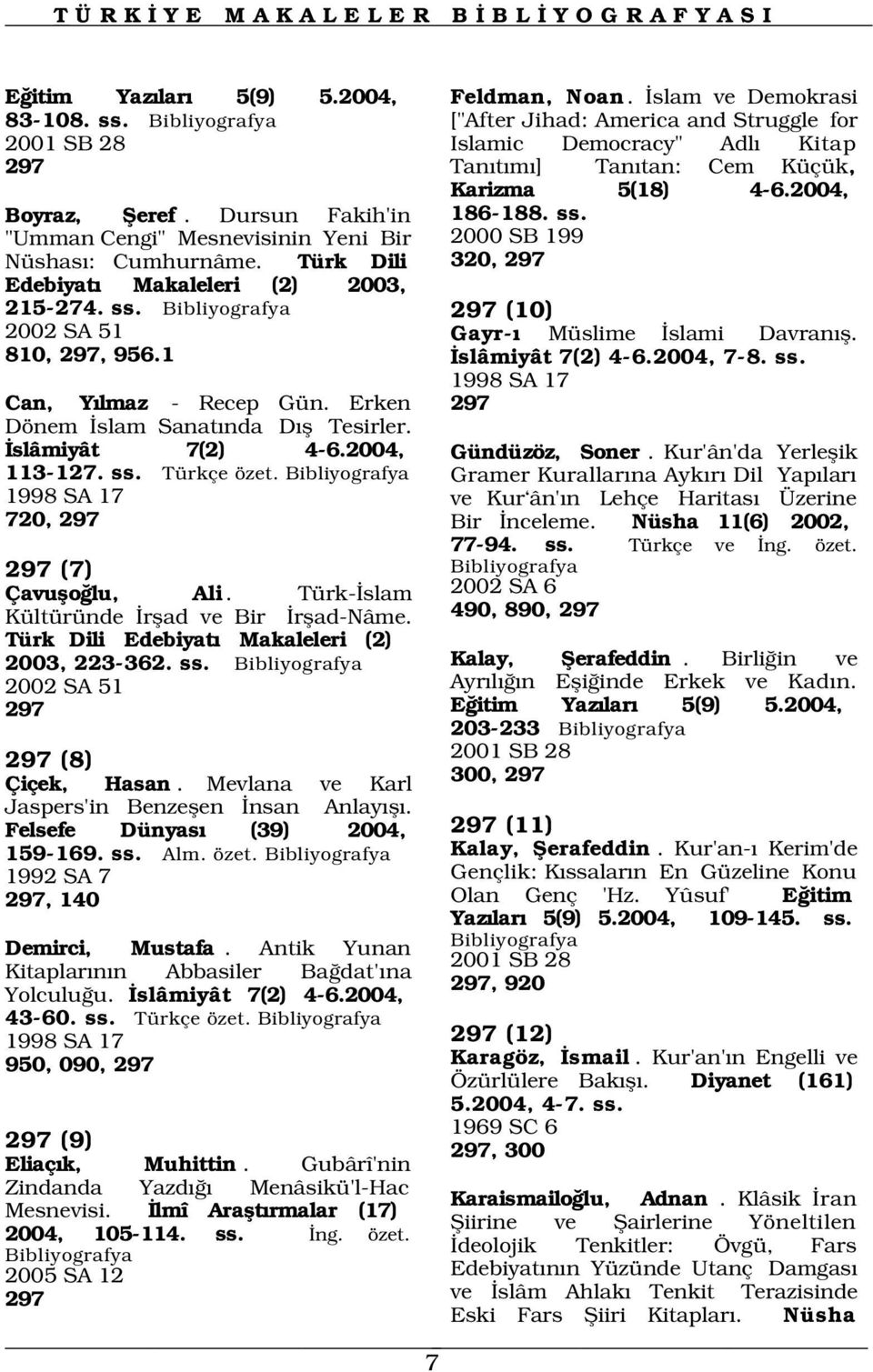 2000 SB 199 320, 297 297 (10) 2002 SA 51 Gayr- Müslime slami Davran fl. 810, 297, 956.1 slâmiyât 7(2) 4-6.2004, 7-8. ss. 1998 SA 17 Can, Y lmaz - Recep Gün.